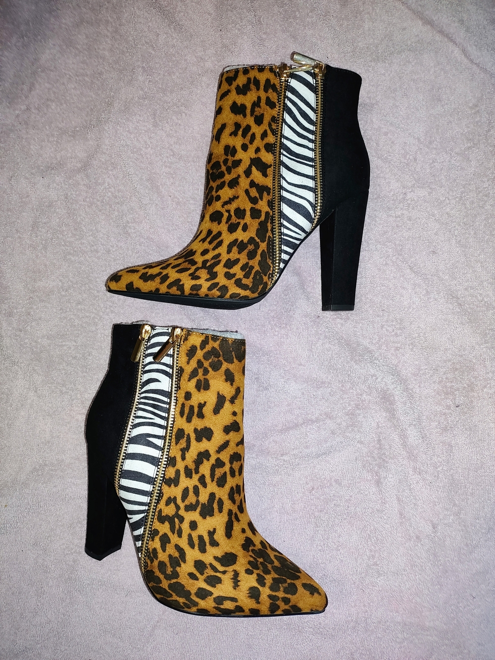 Shoe Dazzle Leopard & Zebra Print Block Heel Ankle Boots - Black, Tan, White